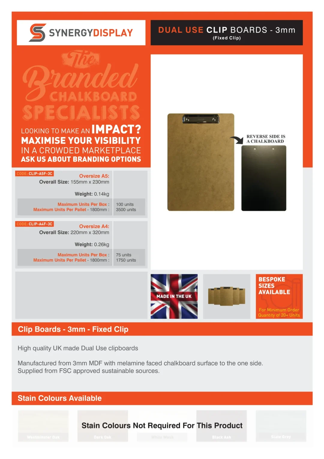 Dual Use Clip Boards - 3mm Fixed Clip